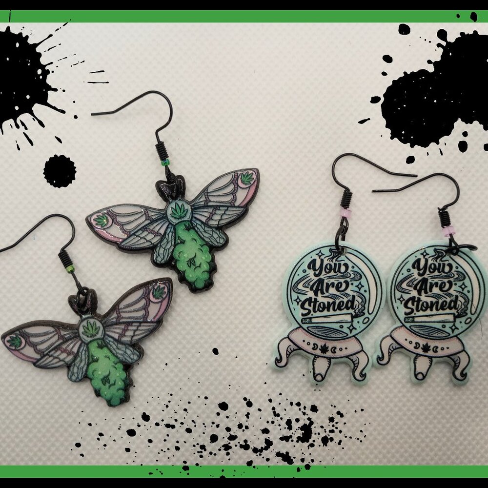 Bud Moth OR Stoned Crystal Ball Earrings Flower Weed Fortune Teller Witch Mystic